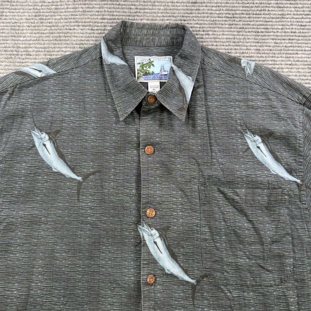 AFTCO Bluewater Mens XL Marlin Fish Print Button Up Shirt Grey Blue Short Sleeve - Picture 5 of 11